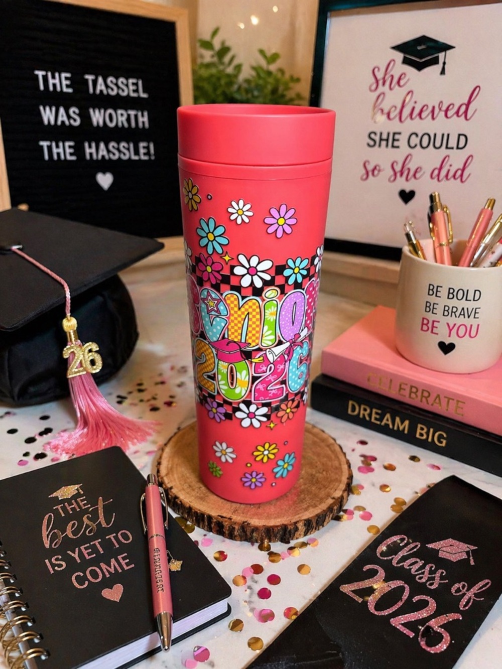 Pink Floral Class of 2026 Travel Tumbler